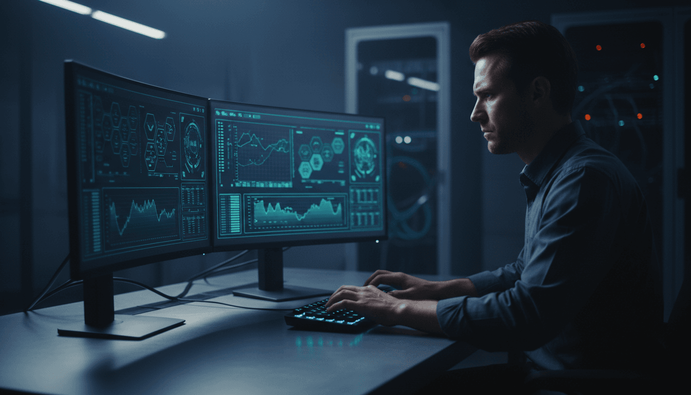 IT security analyst monitoring fraud prevention systems on multiple screens