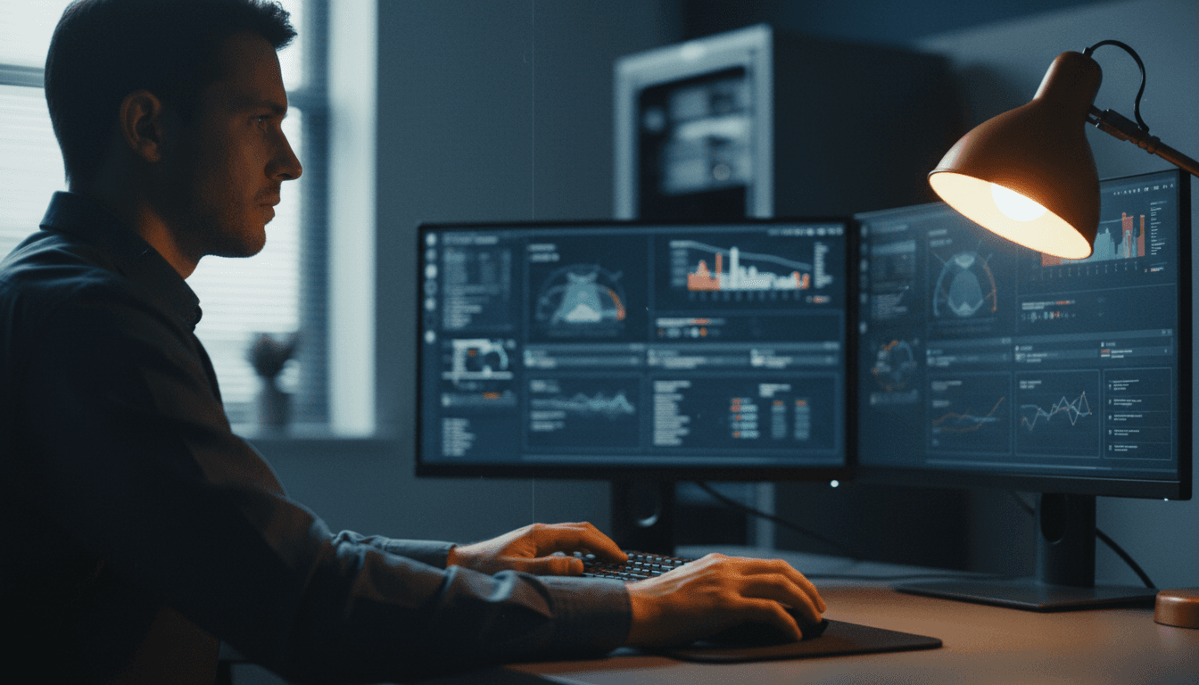 IT security analyst reviewing fraud prevention data on a workstation