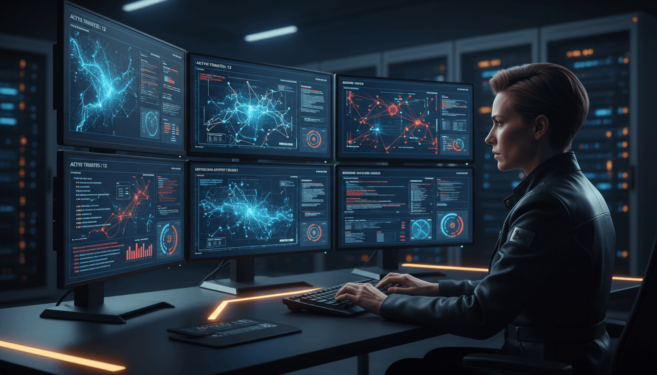 IT security specialist monitoring fraud prevention and risk management systems on multiple displays