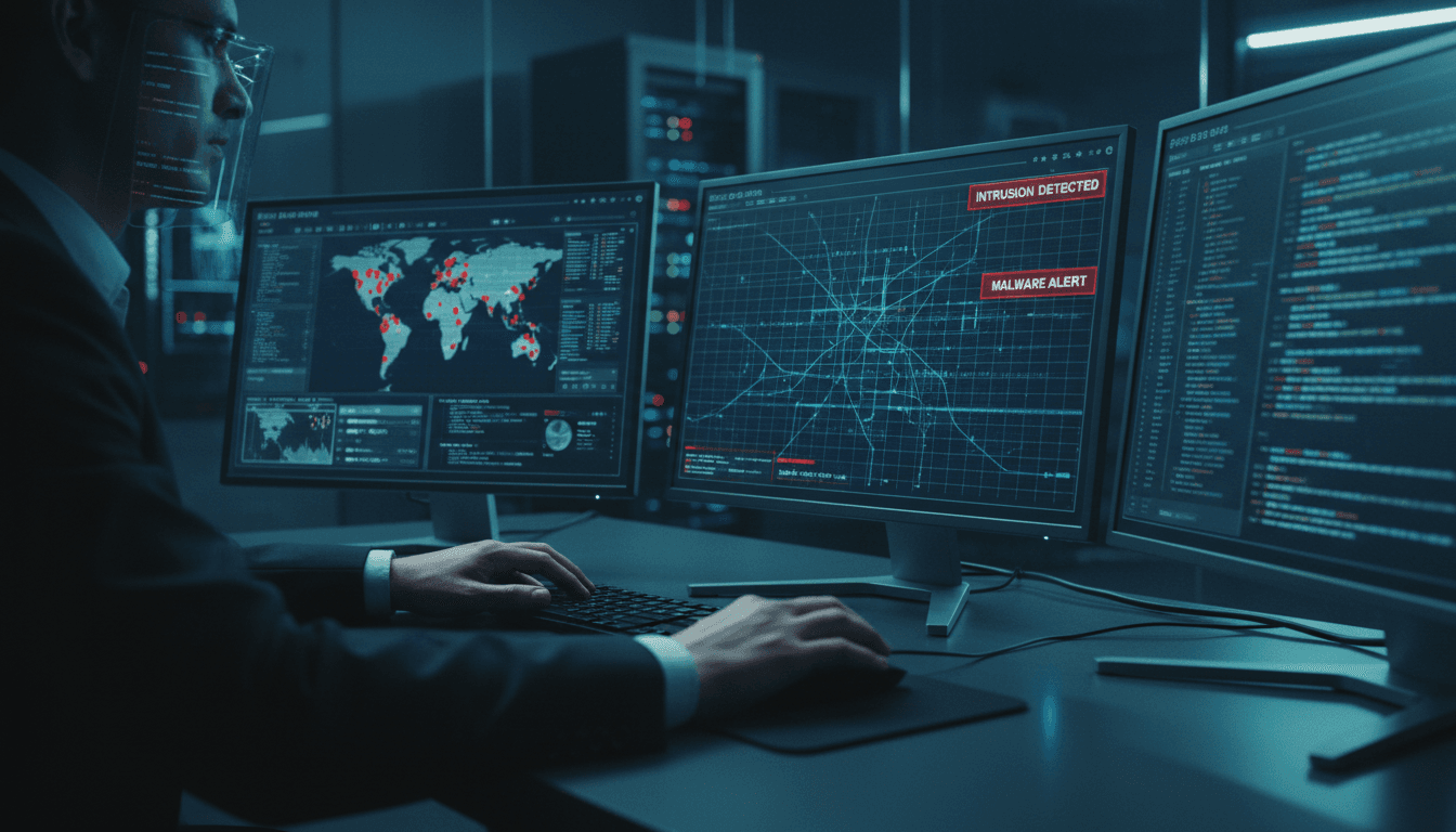 IT security analyst monitoring fraud detection systems on multiple screens