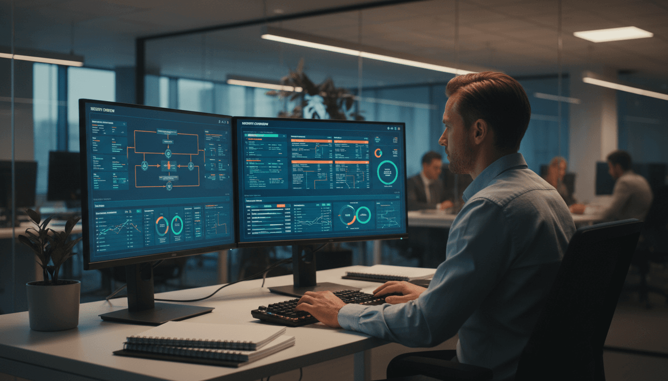 IT consultant analyzing fraud prevention protocols on computer monitors